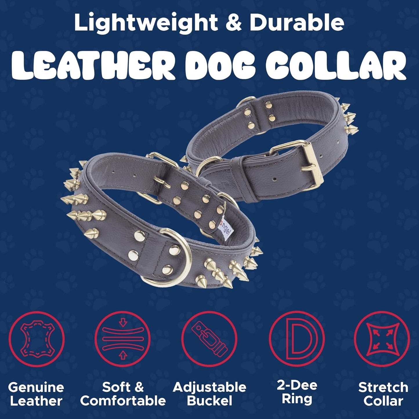 '- Amsterdam Spiked Dog Collar, Genuine Leather Dog Collar for Large Dogs to Extra Large Dogs, Water-Resistant, Thick Dog Collar with D-Ring, Chocolate Brown Collar, 22 X 1.5 Inches