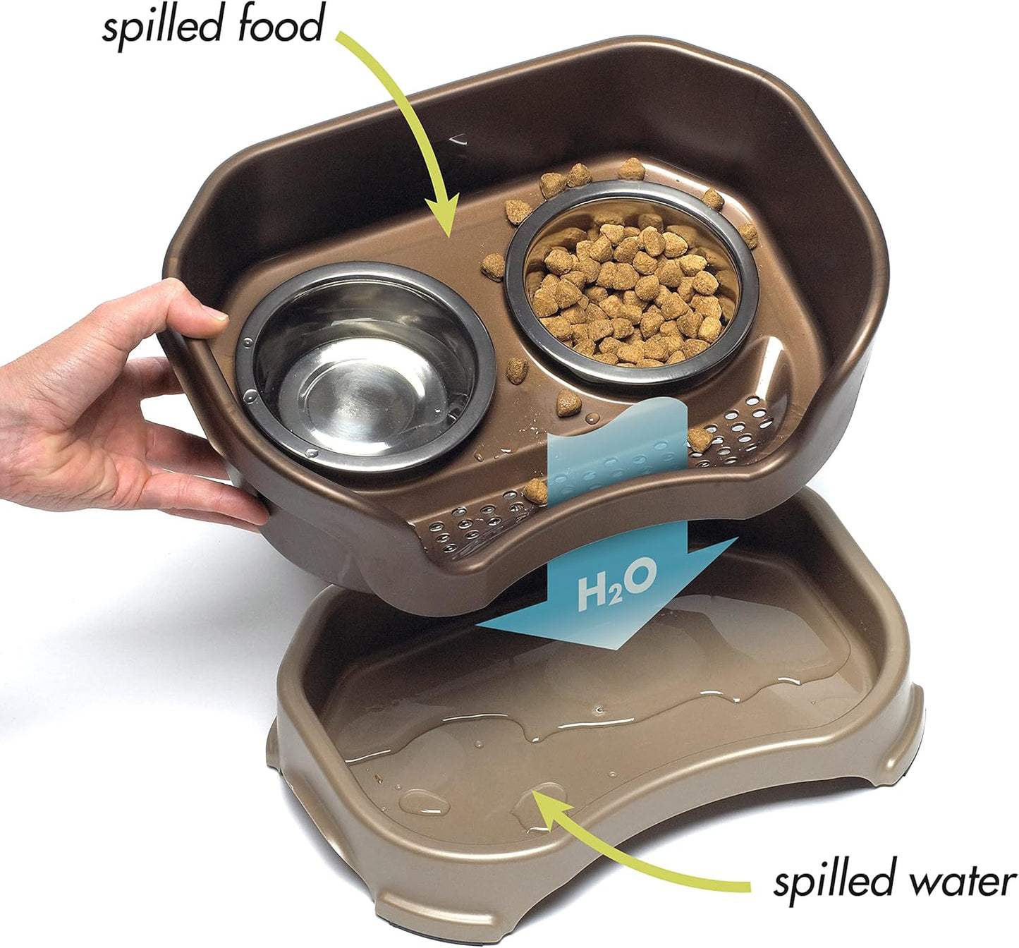 Neater Feeder Deluxe Mess-Proof Elevated Dog Bowls for Medium Dogs (19–40 Lbs), 2 Height Adjustable (10” & 12.5”) No-Spill Raised Dog Bowl Stand, Stainless Steel Food Bowl Set, Made in USA, Bronze
