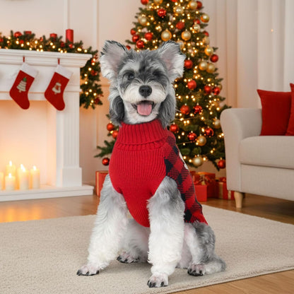 Cozy Red Buffalo Plaid Dog Christmas Sweater with Reindeer Pattern - Turtleneck Knitwear for Small Dogs with Leash Hole