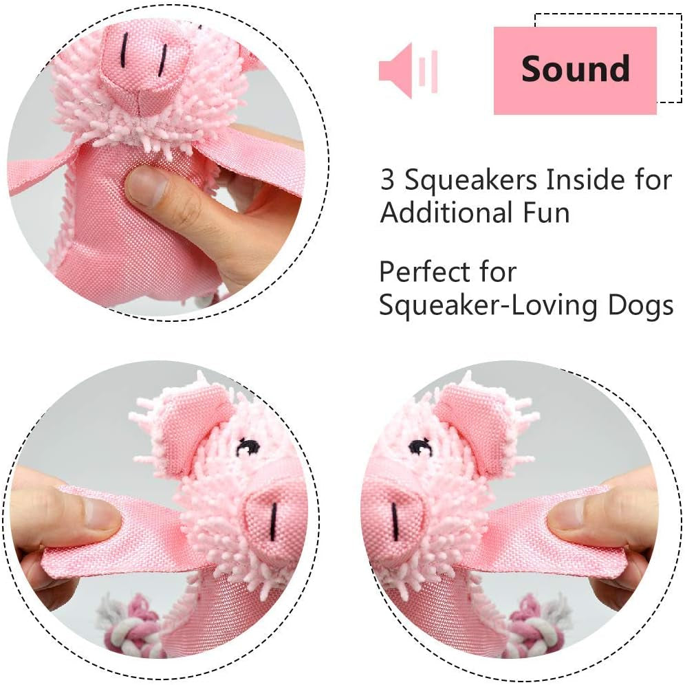 Durable Plush Squeaky Pig Dog Toy with Rope Legs and Triple Squeakers for Small and Medium Breeds