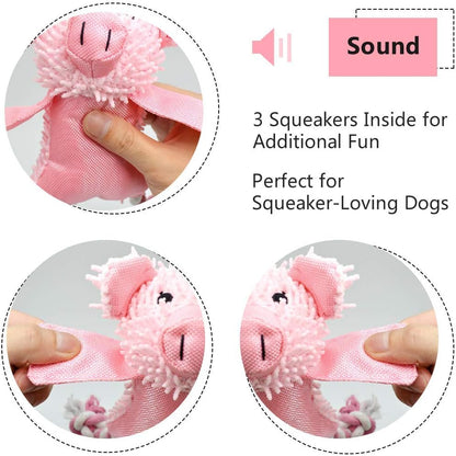 Durable Plush Squeaky Pig Dog Toy with Rope Legs and Triple Squeakers for Small and Medium Breeds