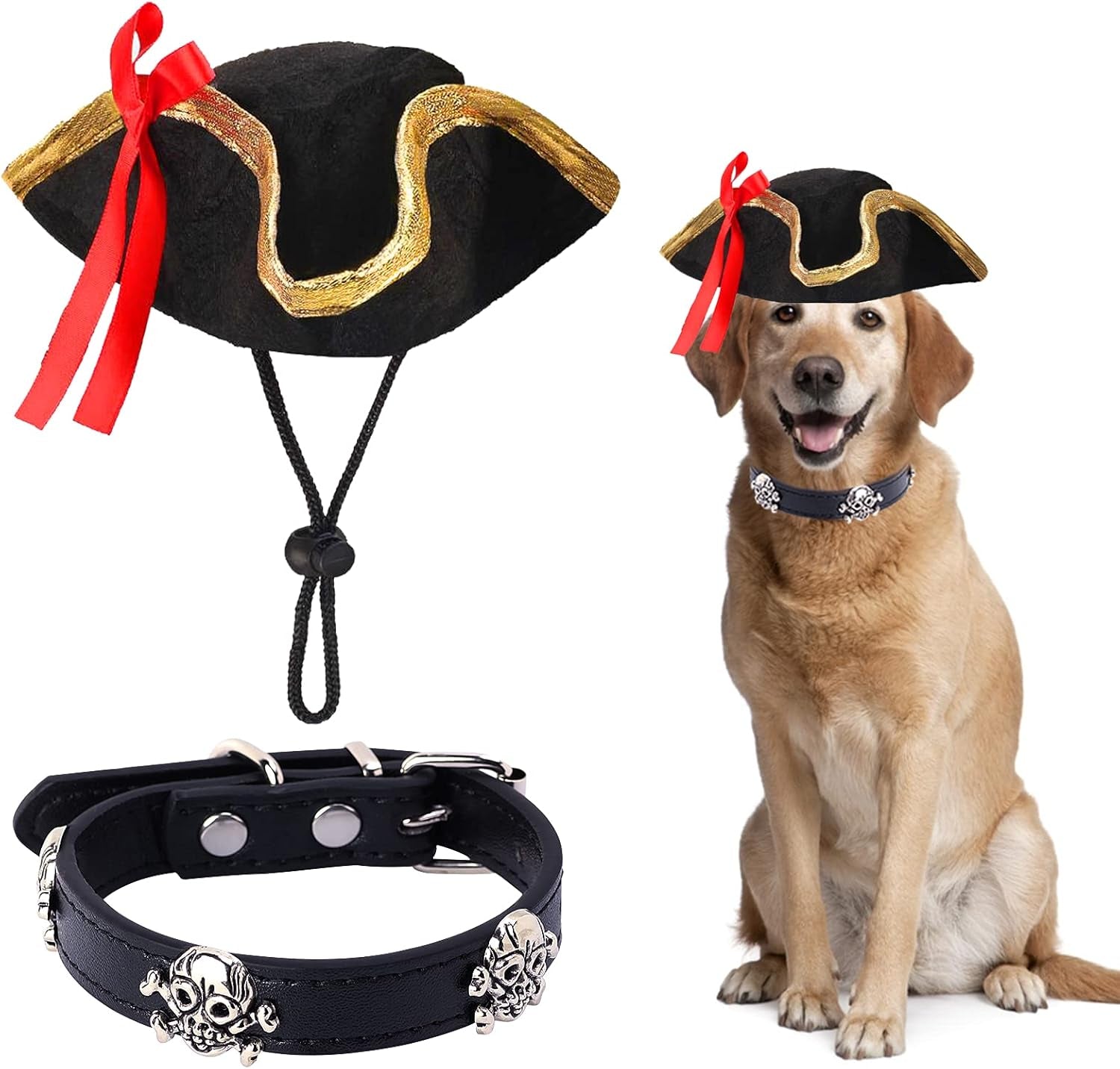 Pet Pirate Hat and Skull-Studded Leather Collar Set for Cats and Dogs - Halloween Costume Accessories
