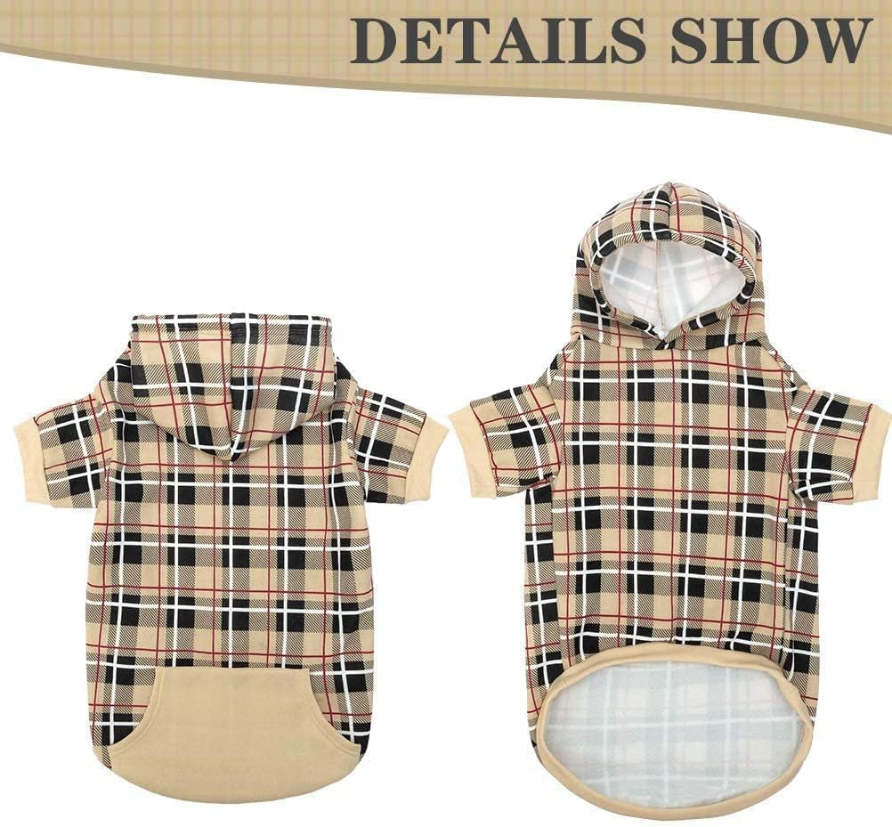 British Style Plaid Dog Hoodie - Warm Sweater with Leash Hole for All Breeds, Winter Coat Apparel for Puppies and Cats, Beige Medium