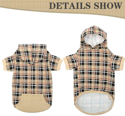 British Style Plaid Dog Hoodie - Warm Sweater with Leash Hole for All Breeds, Winter Coat Apparel for Puppies and Cats, Beige Medium