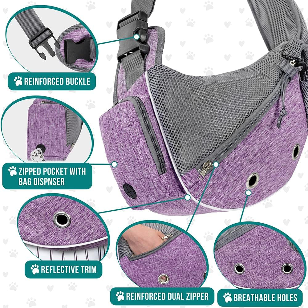 Small Dog Sling Carrier - Adjustable Crossbody Pet Purse for Traveling with Puppies and Medium Cats, Includes Poop Bag Dispenser, Maximum Weight 10 lbs, Purple