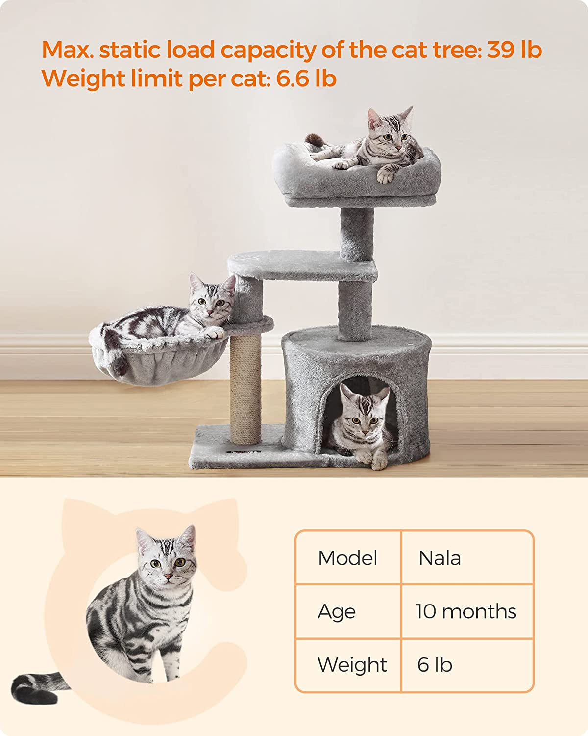 Light Gray Cat Tree and Activity Center with Scratching Post, Basket, and Cave for Small Cats and Kittens - Model UPCT59W