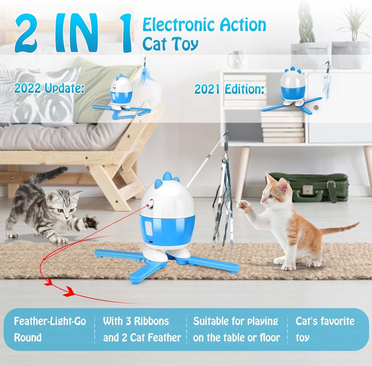 Interactive Cat Toy: 2-in-1 Rechargeable Light and Feather Exercise Toy for Indoor Cats with Adjustable Automatic Features