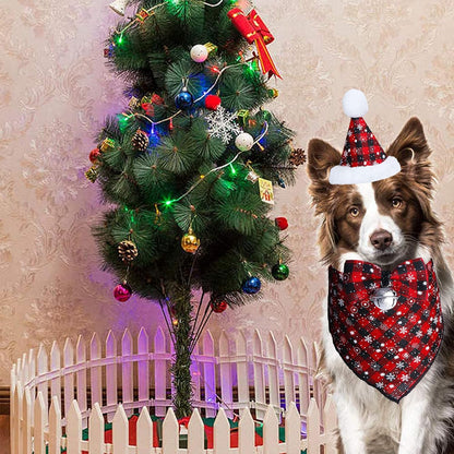 Christmas Snowflake Dog Bandana Costume Set with Plaid Scarf, Bow Tie, and Bell Decoration for Pets