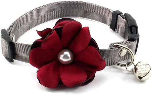 Geranium Flower Bow Tie Collar for Cats and Dogs - Adjustable Handmade Nylon Necklace with Pearl Bell for Chihuahuas and Yorkies (Red, Size XS)