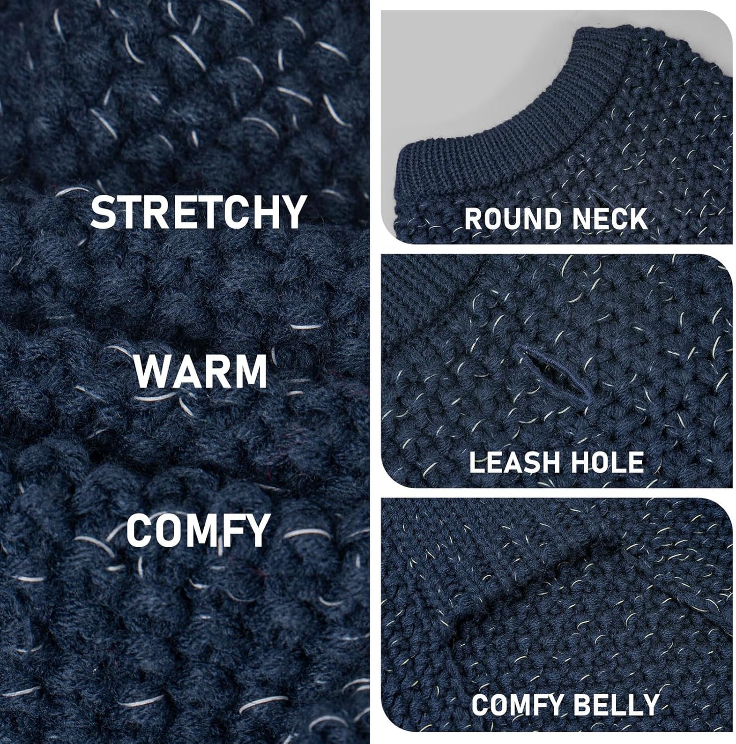 Warm Pullover Dog Sweater with Leash Hole and Reflective Yarn for Small to Medium Male Dogs - Cozy Lightweight Knit Coat in Navy Blue, Medium Size