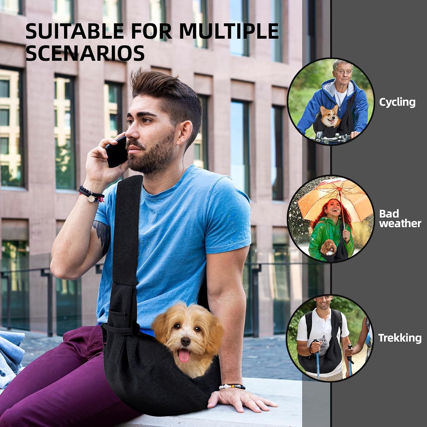 Reversible Dog Carrier Sling - Hands-Free Pet Purse with Storage Pocket for Small Dogs and Cats, Travel Safety Harness (Black)