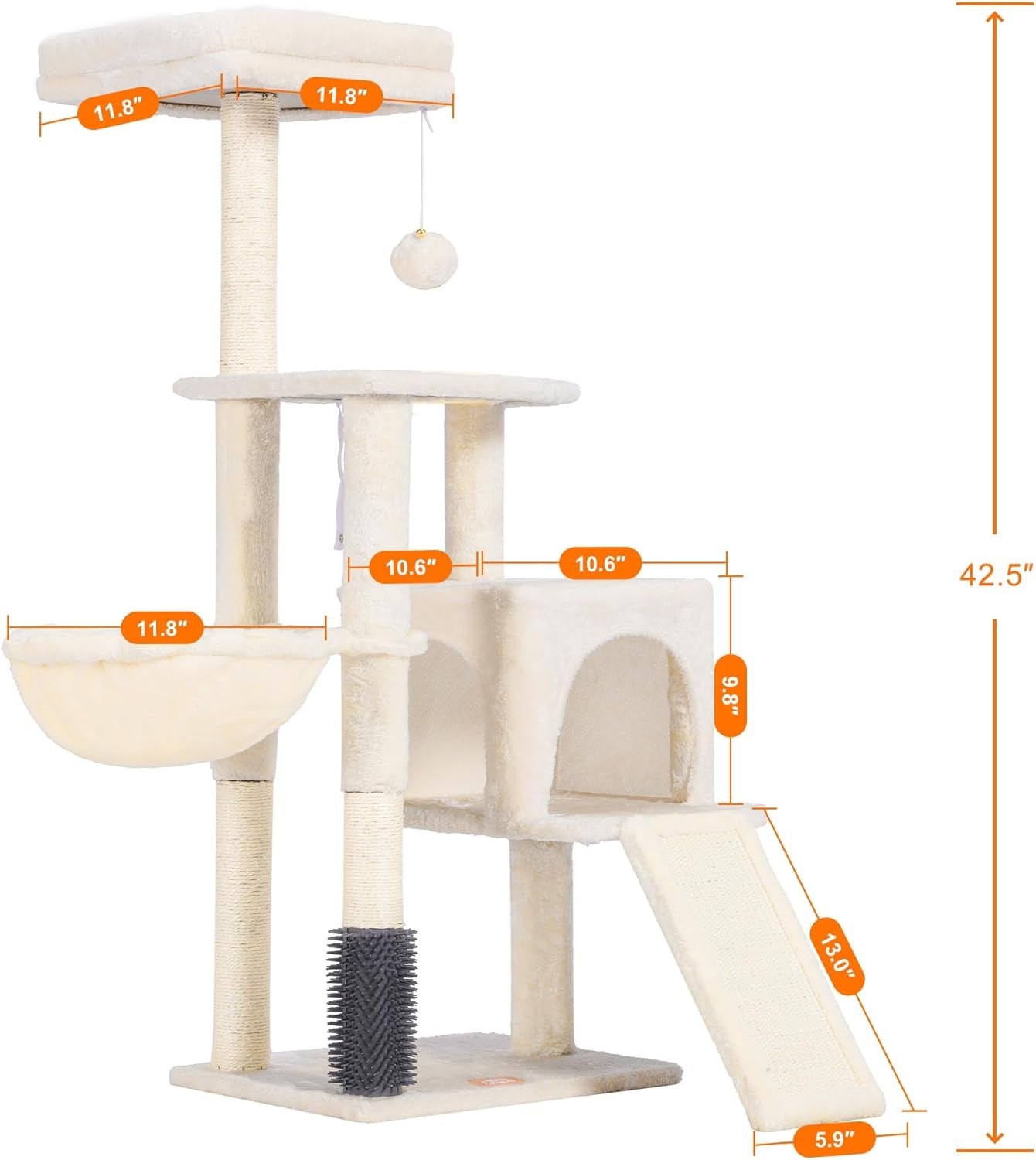 Cat Tree with Self-Grooming Brush, Plush Perch Tower Condo for Indoor Cats, Includes Scratching Post and Basket, Beige HCT005SM