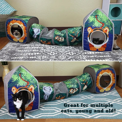 Safari Jungle Cat Play Set, Collapsible Pop-Up Cat Toys Combo with Cube, Tunnel & Hideout, Interactive Indoor Cat Playhouse for Exercise, Hiding & Lounging