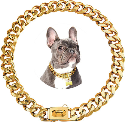 Gold Stainless Steel Cuban Link Dog Collar - 19mm Heavy Duty Chew-Proof Necklace with Buckle for Medium to Large Dogs (16 Inch)