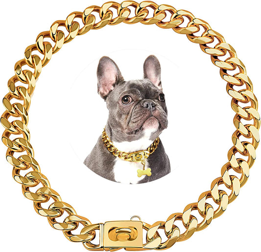 Gold Stainless Steel Cuban Link Dog Collar - 19mm Heavy Duty Chew-Proof Necklace with Buckle for Medium to Large Dogs (16 Inch)