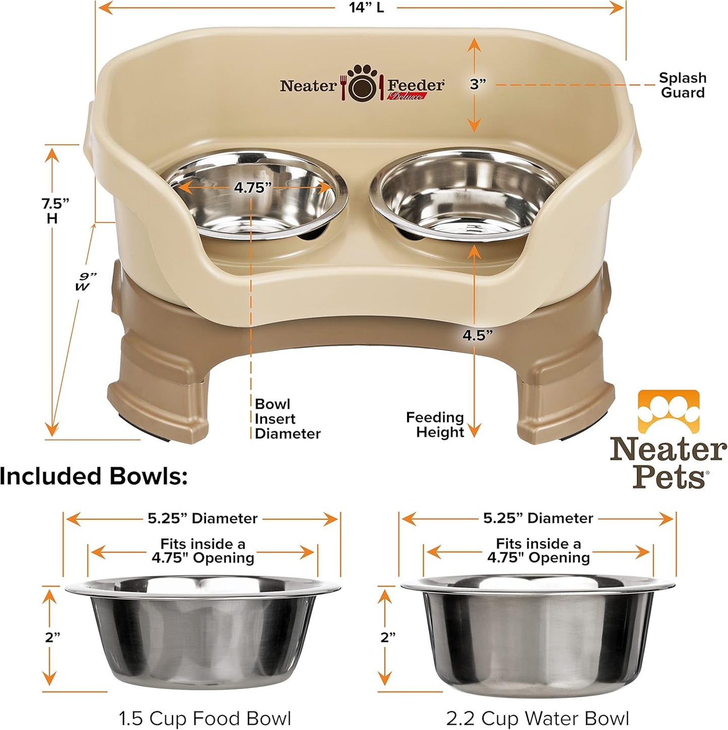 Neater Feeder Deluxe Mess-Proof Elevated Dog Bowls for Small Dogs (Up to 19 Lbs), 2 Height Adjustable (6” & 7.5”) No-Spill Raised Dog Bowl Stand, Stainless Steel Food Bowl Set, Made in USA, Cappuccino