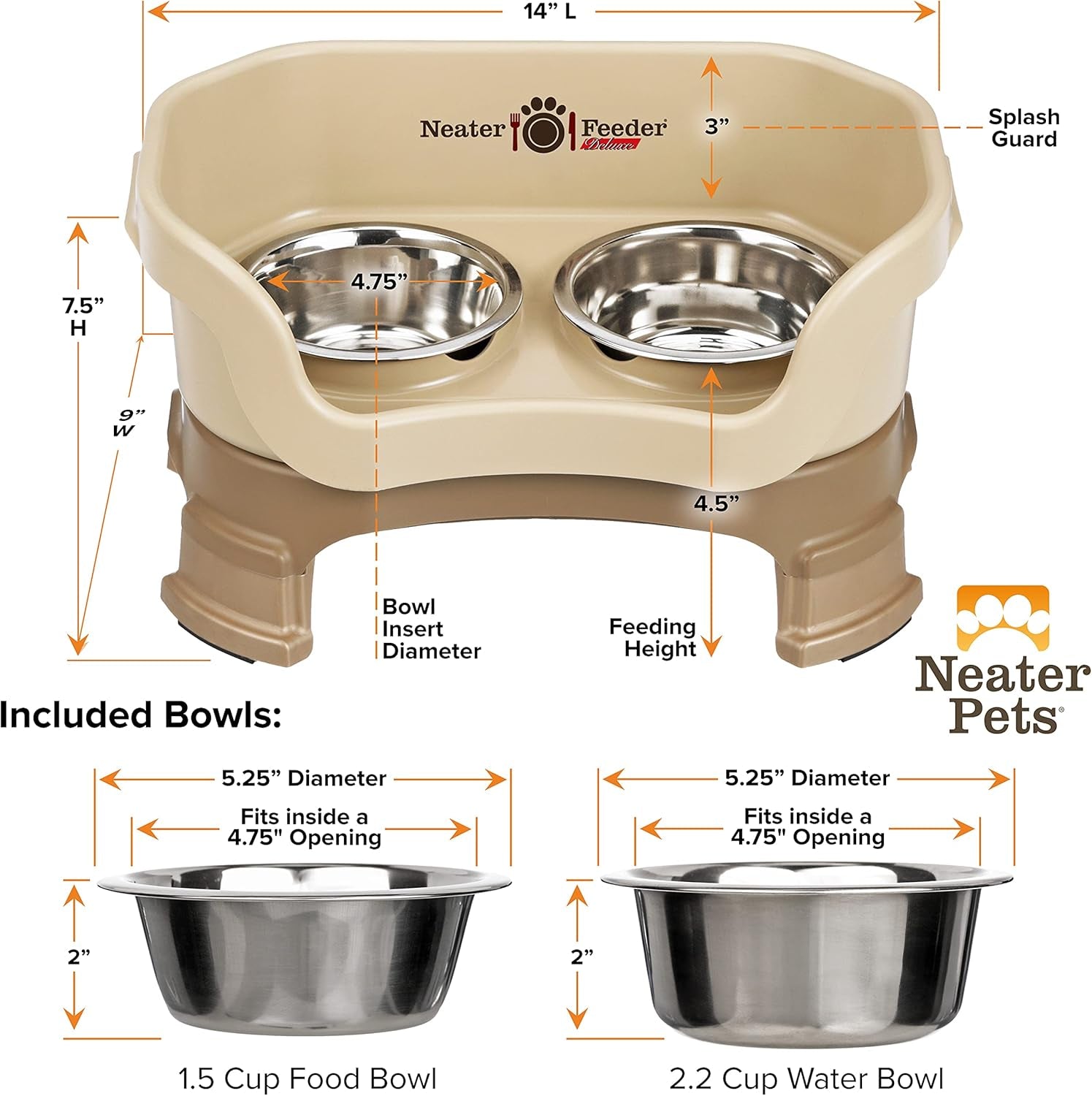 Neater Feeder Deluxe Mess-Proof Elevated Dog Bowls for Small Dogs (Up to 19 Lbs), 2 Height Adjustable (6” & 7.5”) No-Spill Raised Dog Bowl Stand, Stainless Steel Food Bowl Set, Made in USA, Cappuccino