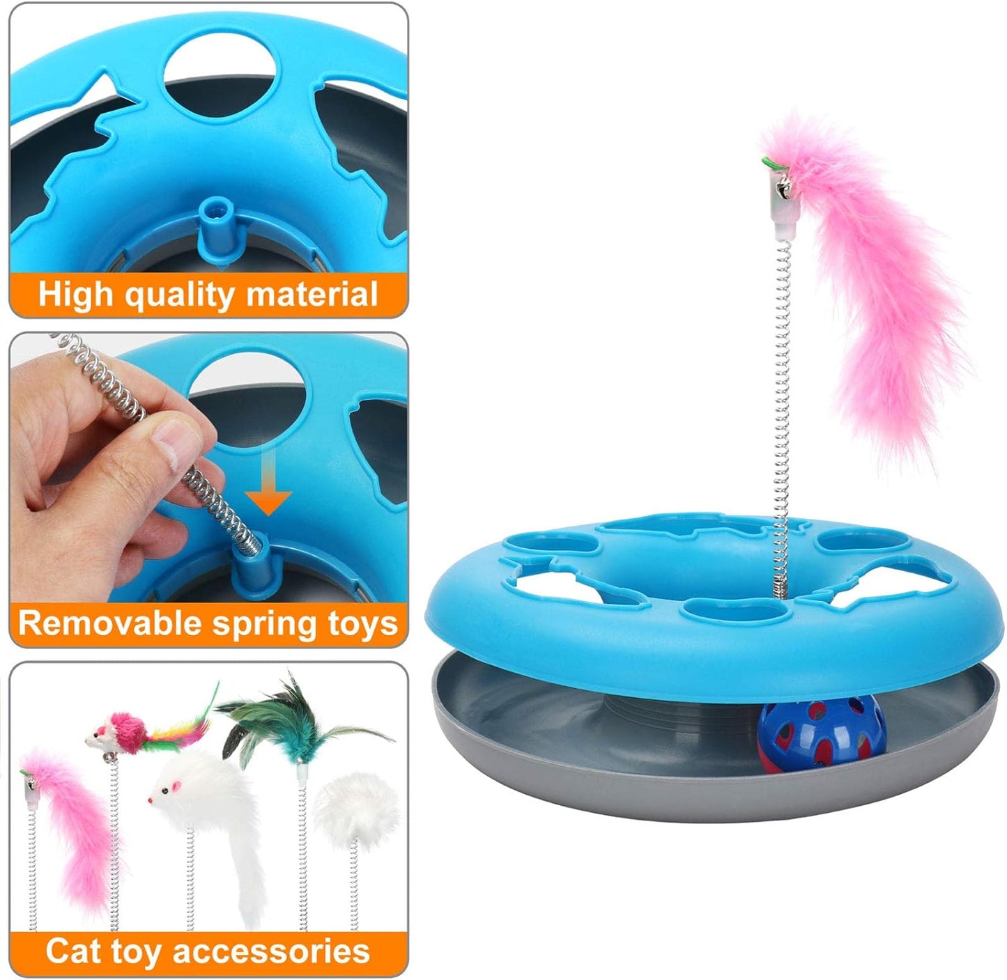 3-in-1 Interactive Cat Toy with Exercise Balls and Teaser Mouse, Includes 5 Removable Spring Replacements - Blue