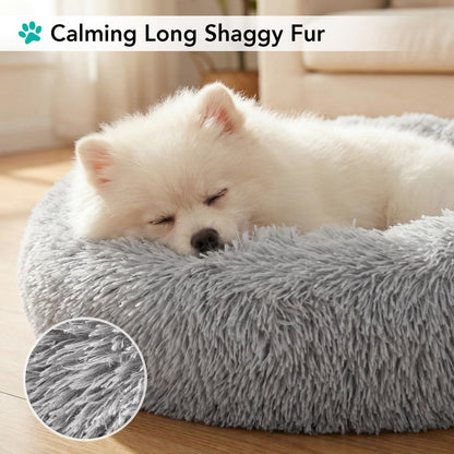 Calming Round Donut Bed for Small and Medium Dogs and Cats, 30-Inch Washable Faux Fur Anti-Anxiety Cuddler with Non-Slip Base - Light Gray