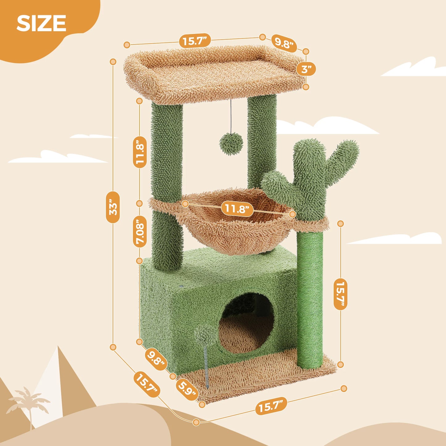 33" Cactus-Inspired Cat Tree with Scratching Posts, Spacious Top Perch, and Hammock for Medium Indoor Cats - Green