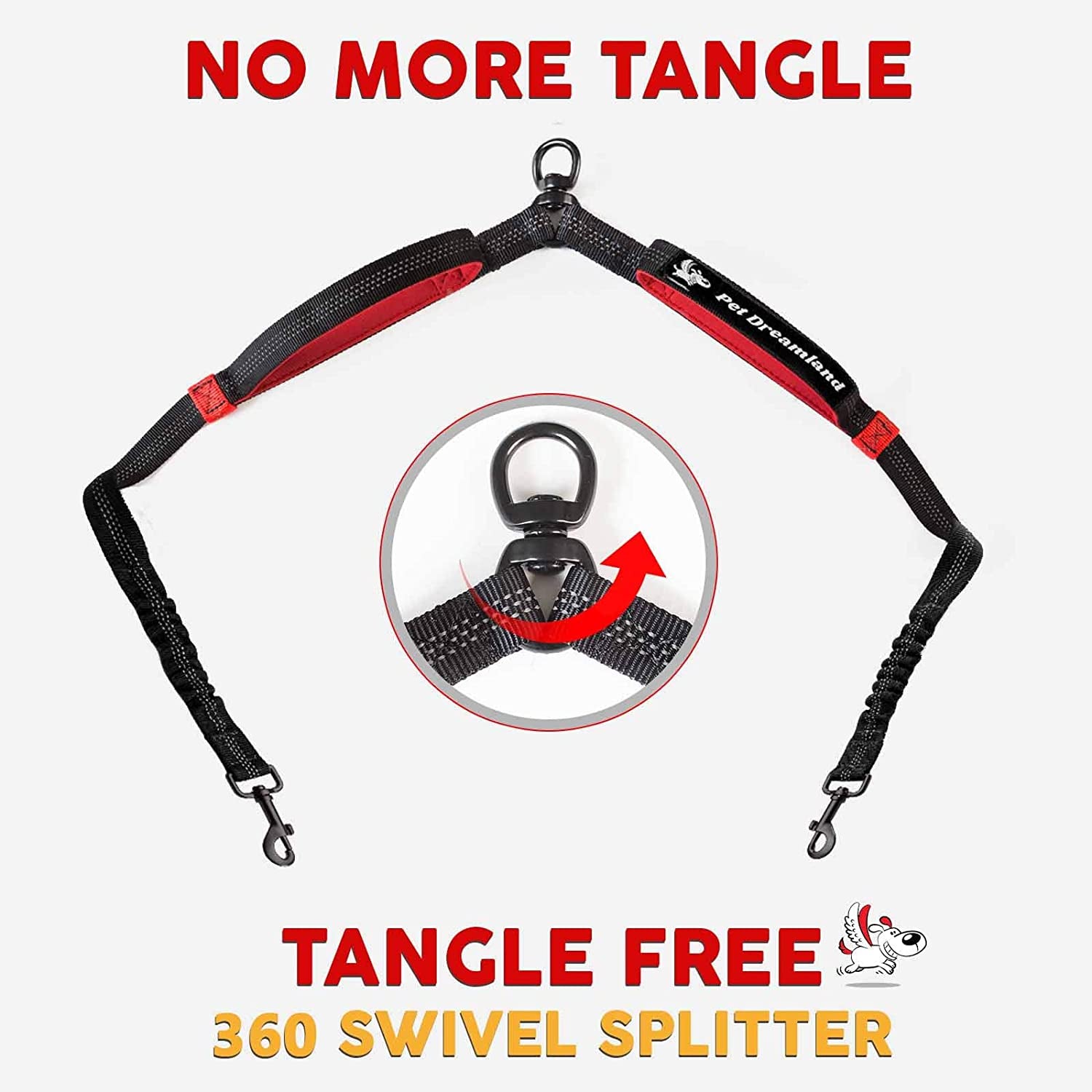 Premium Dual Dog Leash Coupler with No-Tangle Swivel for Walking Two Medium Dogs - Black & Red