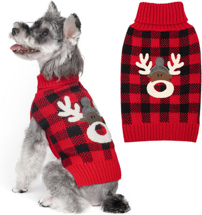 Cozy Red Buffalo Plaid Dog Christmas Sweater with Reindeer Pattern - Turtleneck Knitwear for Small Dogs with Leash Hole