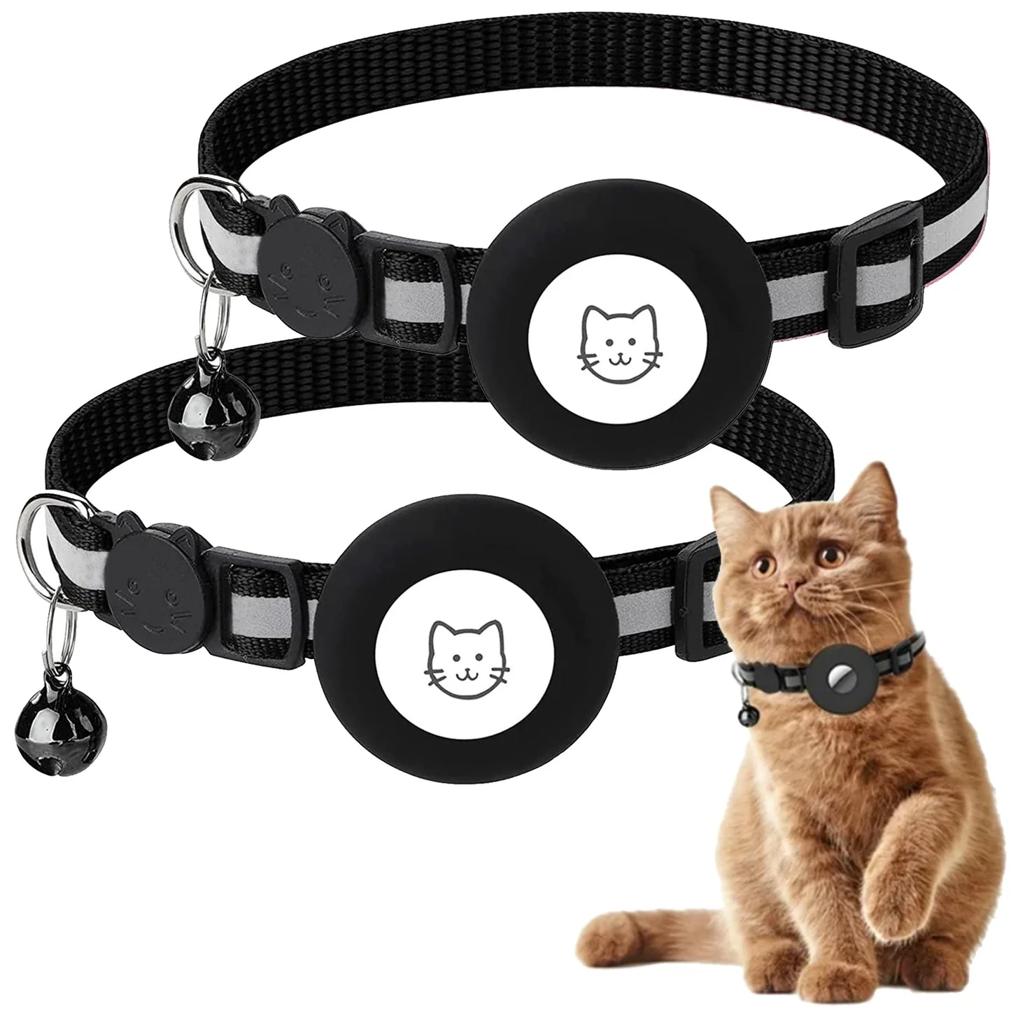 Breakaway Airtag Cat Collar - 2 Pack, Reflective Kitten Strap with Airtag Case and Bell for Cats, Kittens, and Extra Small Dogs, Black