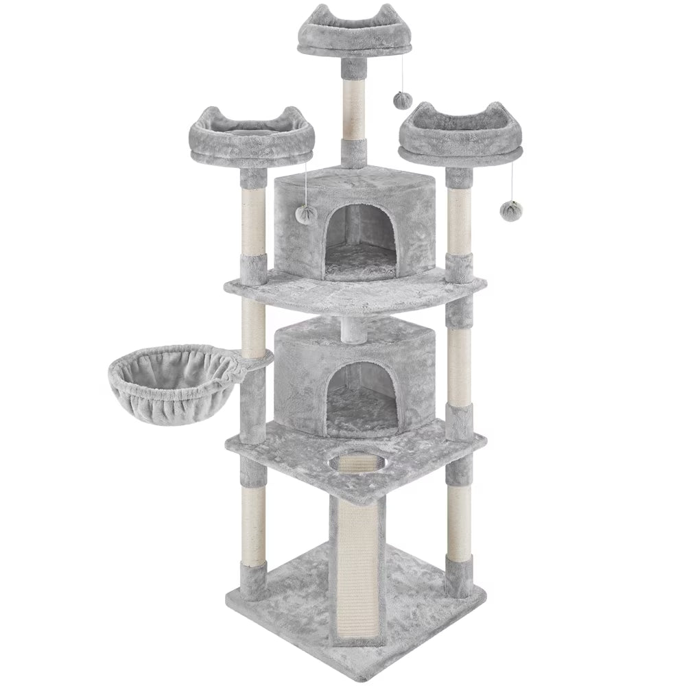 Spacious 76-Inch Light Gray Multilevel Cat Tree Tower with Cozy Condos and Perches