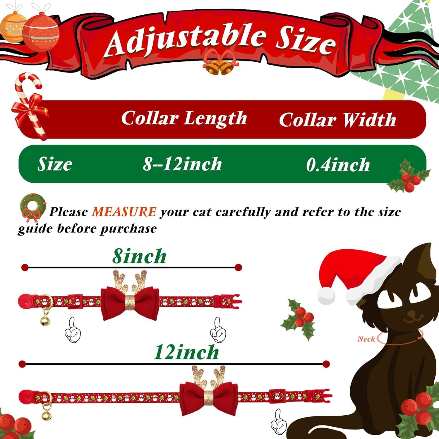 Christmas Cat Collar Set with Bells and Bowtie - Adjustable Breakaway Design Featuring Christmas Tree and Santa Claus Patterns (Fits 8"-12")