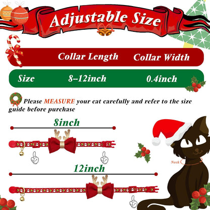 Christmas Cat Collar Set with Bells and Bowtie - Adjustable Breakaway Design Featuring Christmas Tree and Santa Claus Patterns (Fits 8"-12")