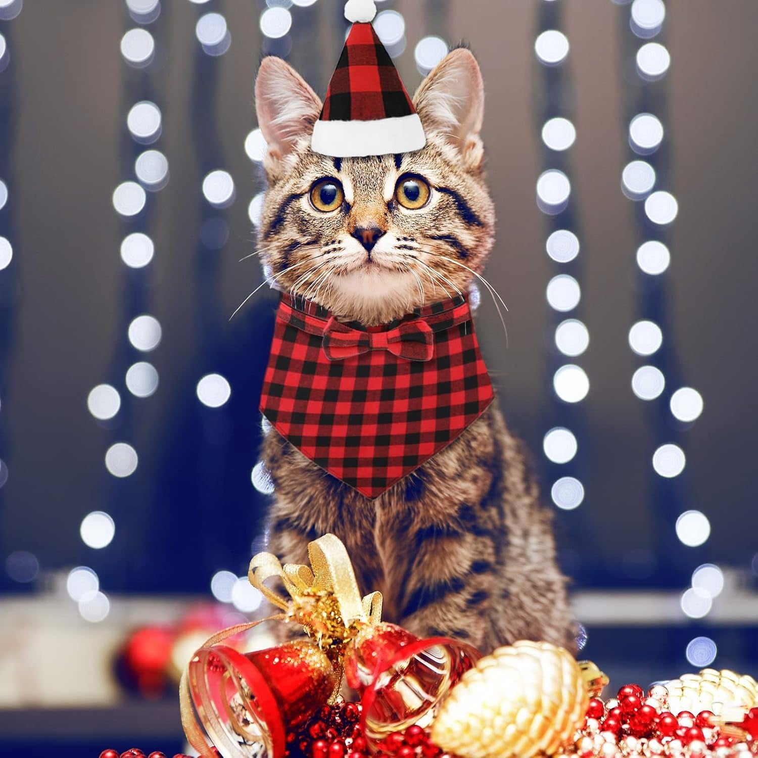 Festive 6-Piece Christmas Pet Costume Set - Adjustable Bandana, Hat, Bow Tie Collar & Triangle Bib for Dogs & Cats, Size L
