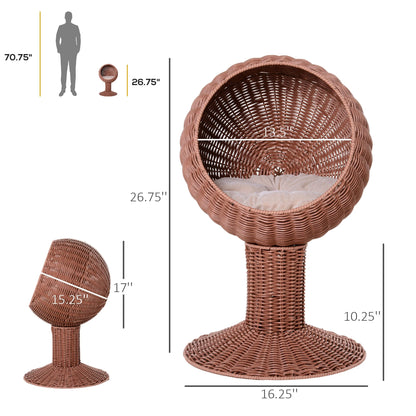 27-Inch Rattan Wicker Elevated Pet Bed with Hooded Cushion for Cats