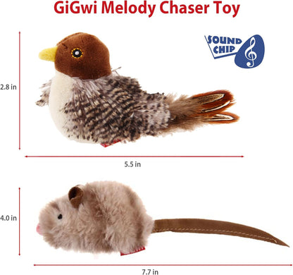 Chirping Bird Cat Toy Set, Interactive Chasing Toy for Indoor Cat, Motion Activated Kitten Play Toys, Squeaky Cats Animal Feather Toy for All Breeds Cats Kicker
