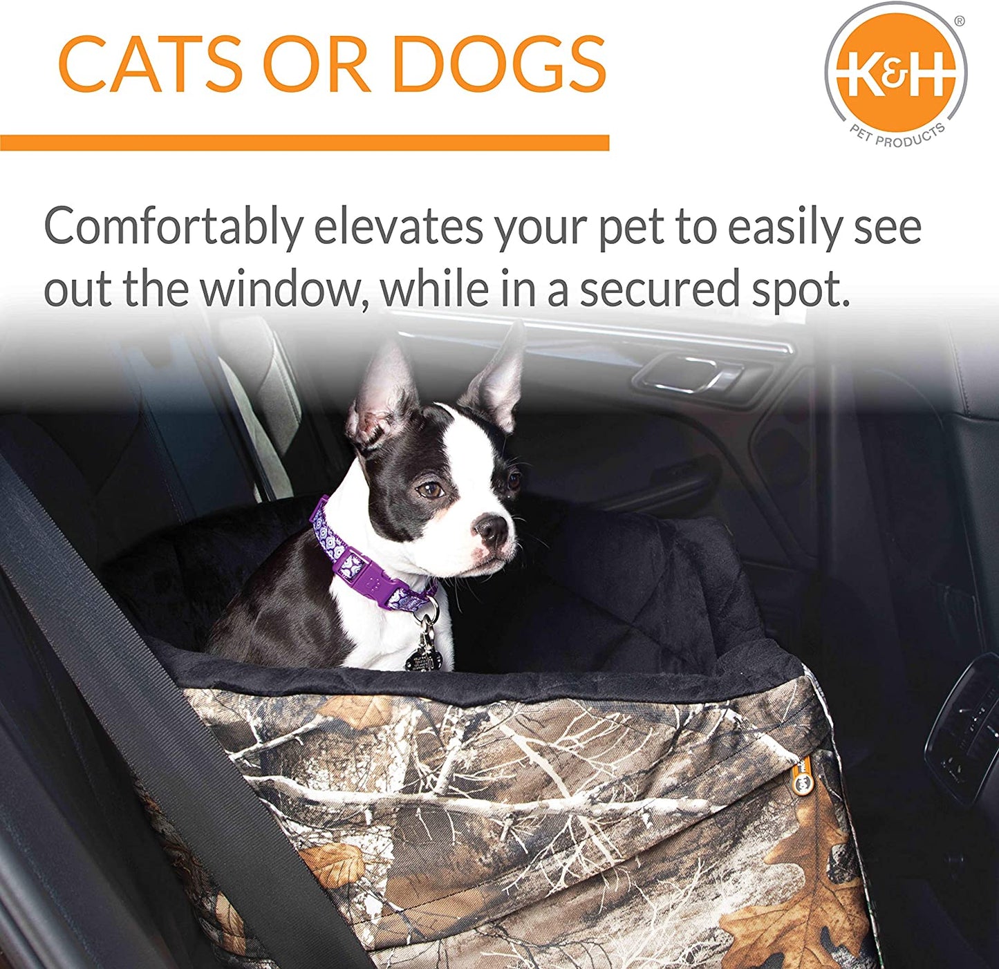 Original Bucket Booster Dog Car Seat, Belt Secured, 2 Safety Leashes, Washable Covers, Sturdy Booster for Small to Medium Pets - Large Realtree Edge Camo