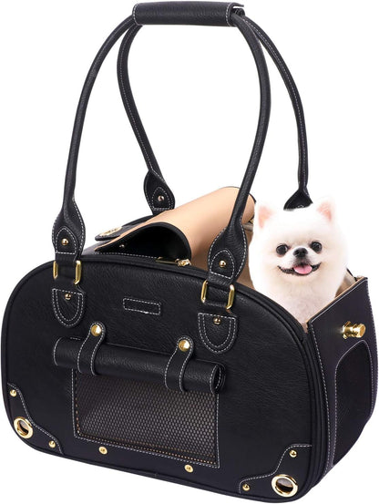 Premium PU Leather Dog Carrier Purse - Foldable Waterproof Pet Travel Bag for Cats and Small Dogs, Ideal for Home and Outdoor Use, Black