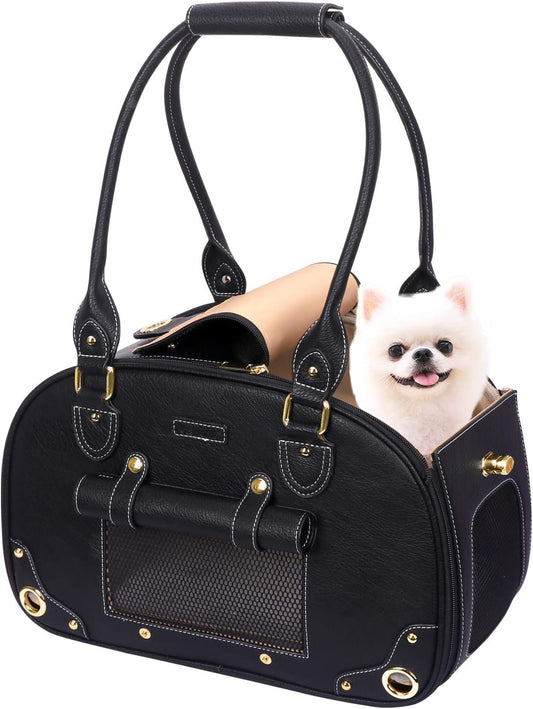 Premium PU Leather Dog Carrier Purse - Foldable Waterproof Pet Travel Bag for Cats and Small Dogs, Ideal for Home and Outdoor Use, Black