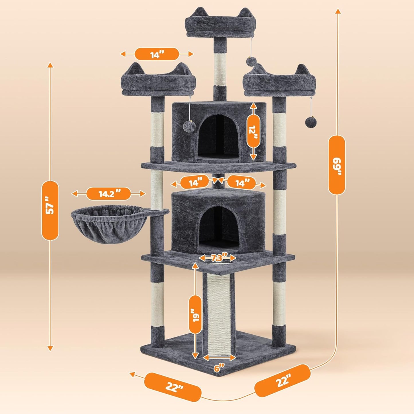 Yaheetech | 68.5In Cat Tree | for Large Cats | Multi-Level Cat Tower with 3 Wide Perches, Large Condo | Stable Pet Play House W/Sisal-Covered Scratching Posts & Board | Dark Gray