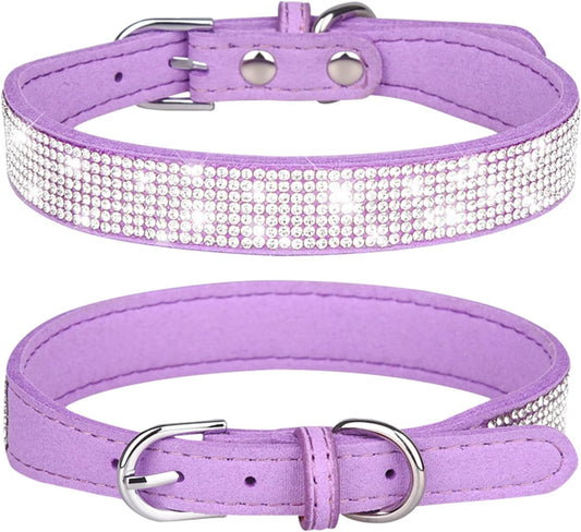 Luxury Rhinestone Dog Collar - Soft Velvet Leather Adjustable Necklaces for Small, Medium, and Large Dogs and Cats (Purple, XS)