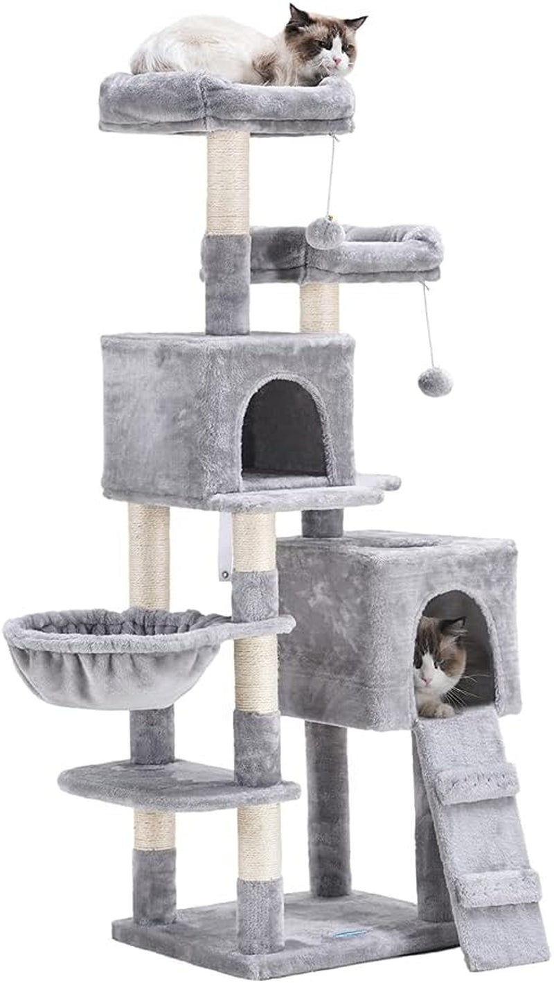 58-Inch Multi-Level Cat Tree with Sisal Scratching Posts, Two Plush Condos, and Hammock for Cats and Kittens - Light Gray MPJ013W