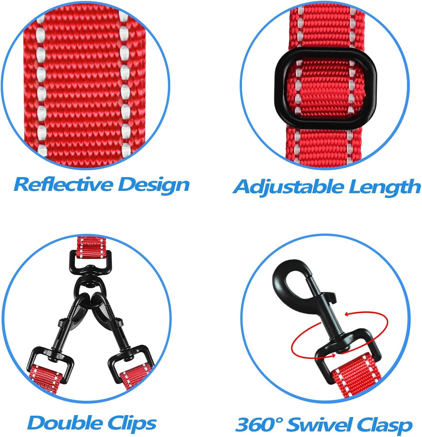 Dual Dog Leash with No-Tangle Design, Reflective Training Lead, Four Padded Handles, Includes Collapsible Bowl and Waste Bags (Red, Large)