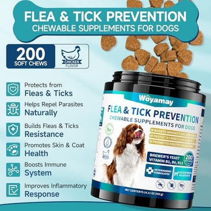 Flea and Tick Prevention Chewables for Dogs - 200 Soft Treats, Natural Oral Supplement for All Breeds and Sizes