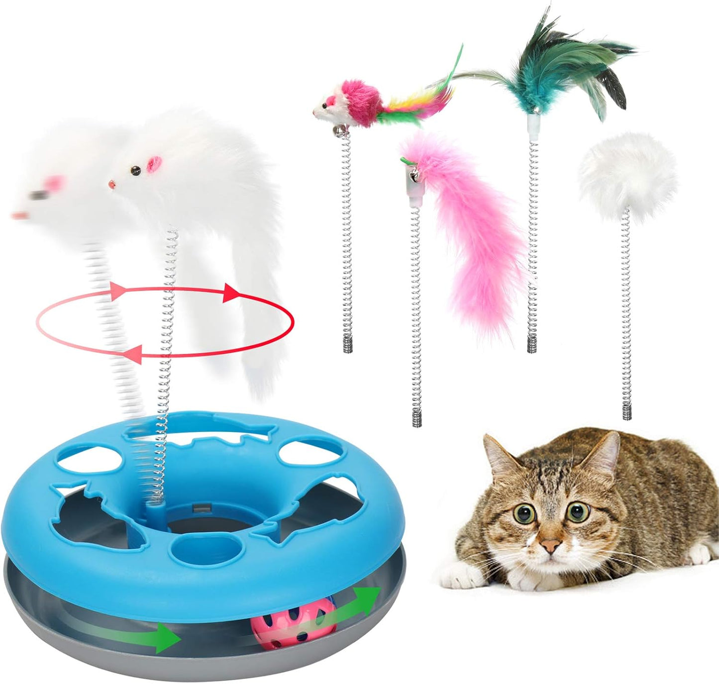 3-in-1 Interactive Cat Toy with Exercise Balls and Teaser Mouse, Includes 5 Removable Spring Replacements - Blue