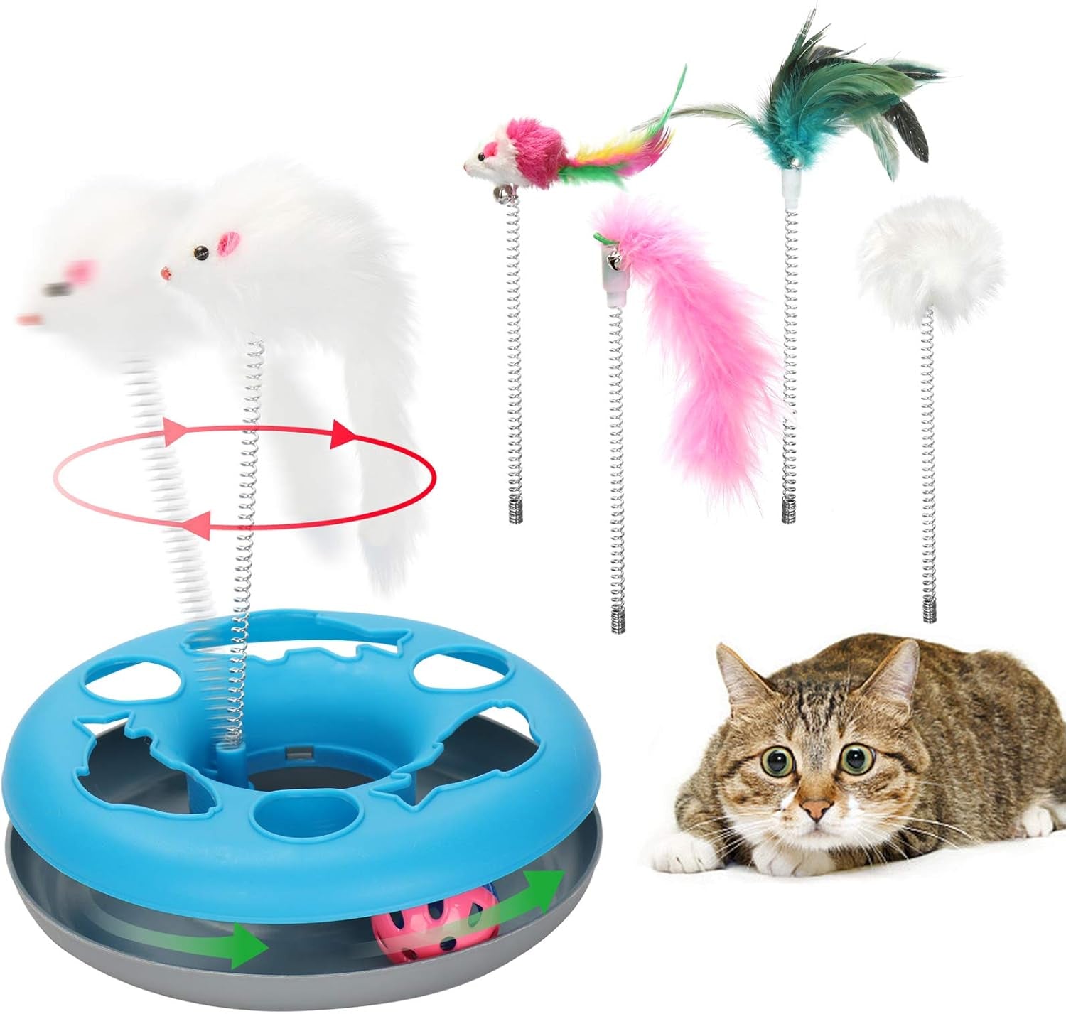 3-in-1 Interactive Cat Toy with Exercise Balls and Teaser Mouse, Includes 5 Removable Spring Replacements - Blue