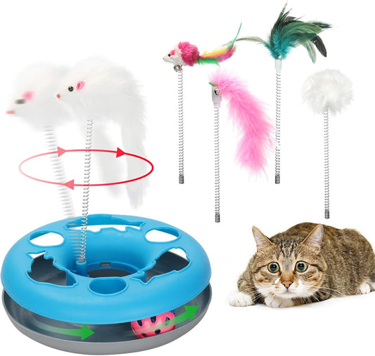 3-in-1 Interactive Cat Toy with Exercise Balls and Teaser Mouse, Includes 5 Removable Spring Replacements - Blue