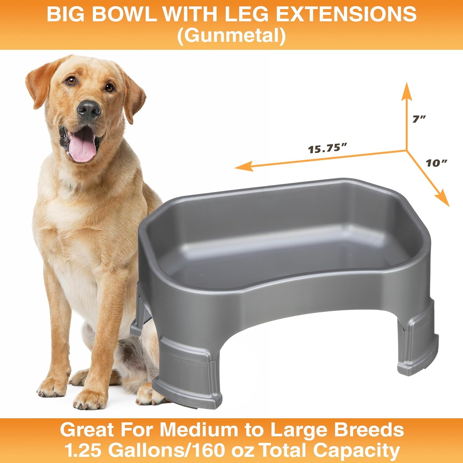 Extra Large Water Bowl for Dogs, Elevated Outdoor Dog Water Bowl (1.25 Gallon XL Capacity), Big Trough Style Food Dish for Indoors or Outside, No Spill Large Dog Bowls, Gunmetal Grey