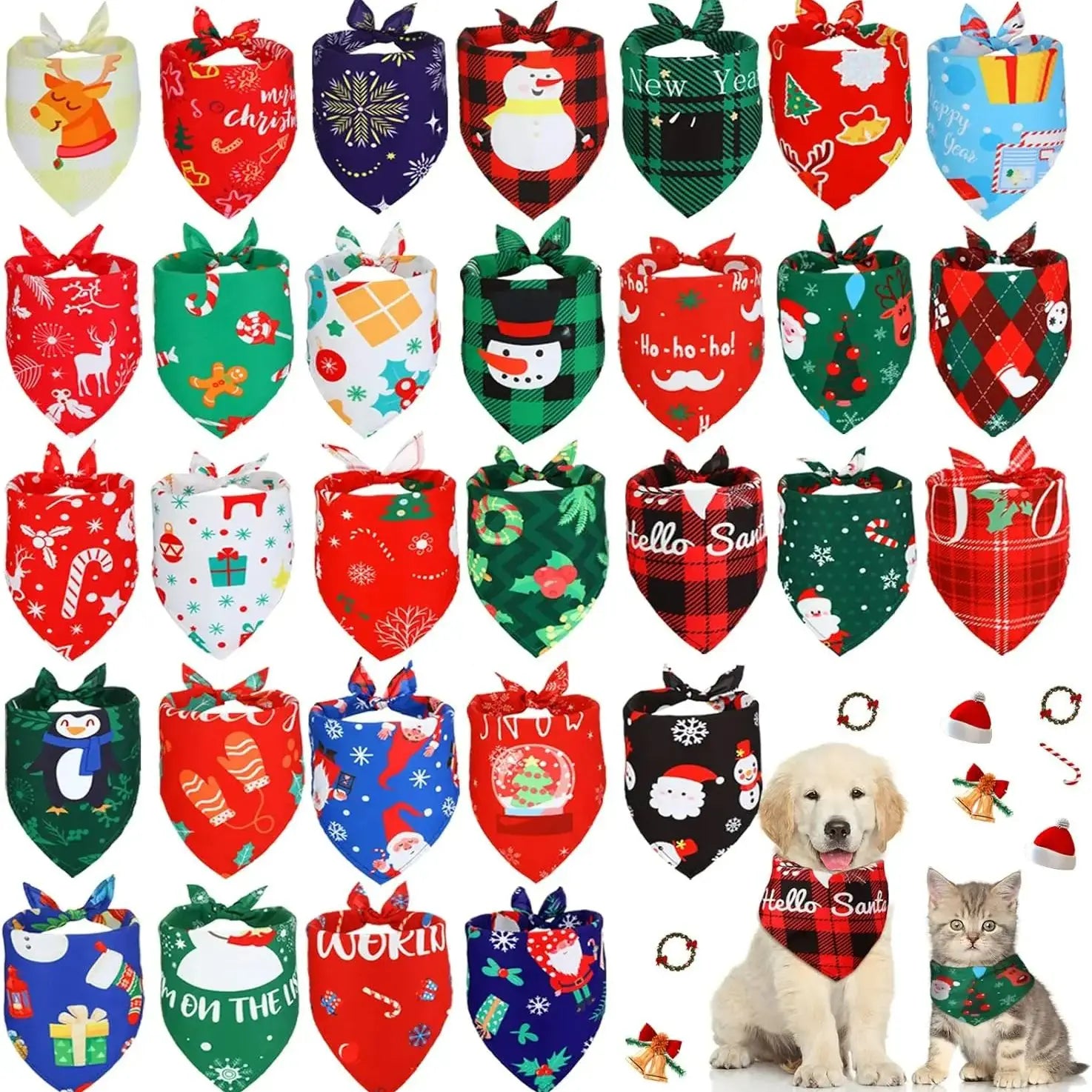 30-Piece Christmas Dog Bandana Set - Holiday Pet Costumes and Accessories for Dogs and Cats