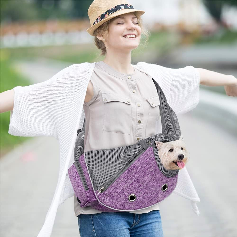 Small Dog Sling Carrier - Adjustable Crossbody Pet Purse for Traveling with Puppies and Medium Cats, Includes Poop Bag Dispenser, Maximum Weight 10 lbs, Purple
