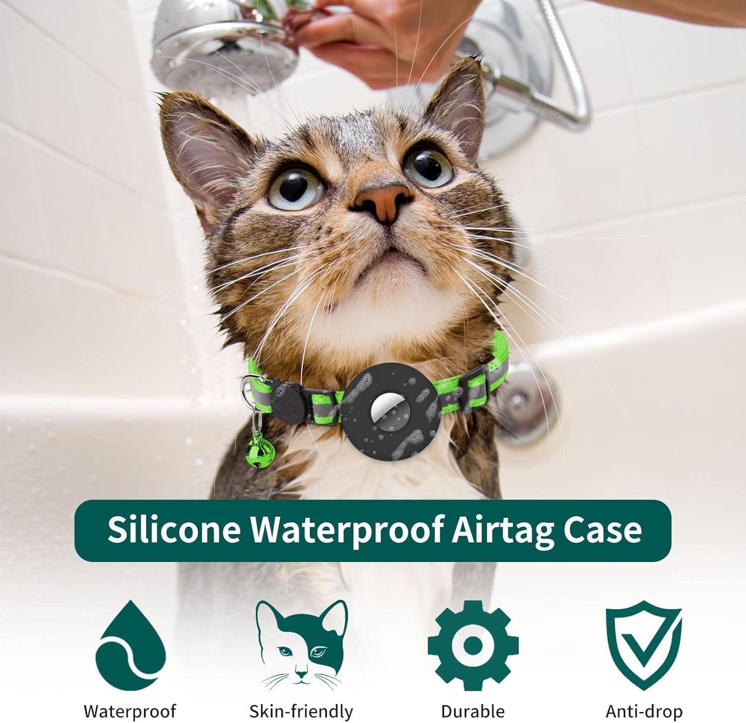 Reflective Breakaway Cat Collar with Waterproof AirTag Holder, GPS Tracker for Cats and Kittens (Green)