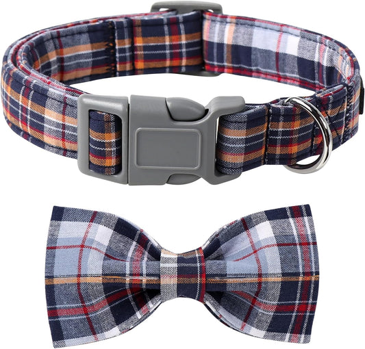 Dog and Cat Collar with Bowtie Grid Collar Plastic Buckle Light Adjustable Collars for Small Medium Large Dogs