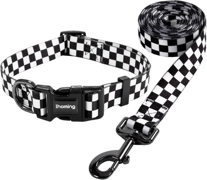 Puppy Collar and Leash Set for Daily Outdoor Activities, Chess Board Design for Extra Small Pets Up to 10 lbs